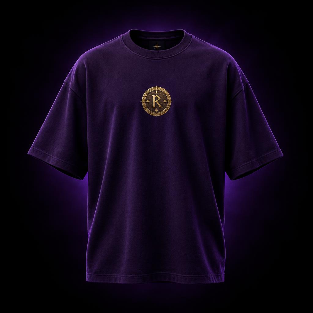 Deep purple wizard tee with a gold wizard coin emblem